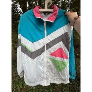 Vintage 90s Colorblock Windbreaker Jacket, Women’s Large, Full Zip